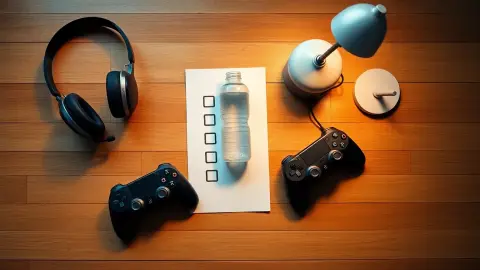 Headset, controllers, water bottle and lamp arranged on a wooden floor
