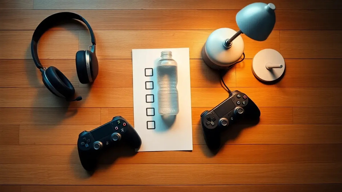 Headset, controllers, water bottle and lamp arranged on a wooden floor