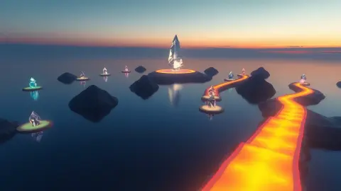 Winding glowing path across eight floating islands toward a distant crystal