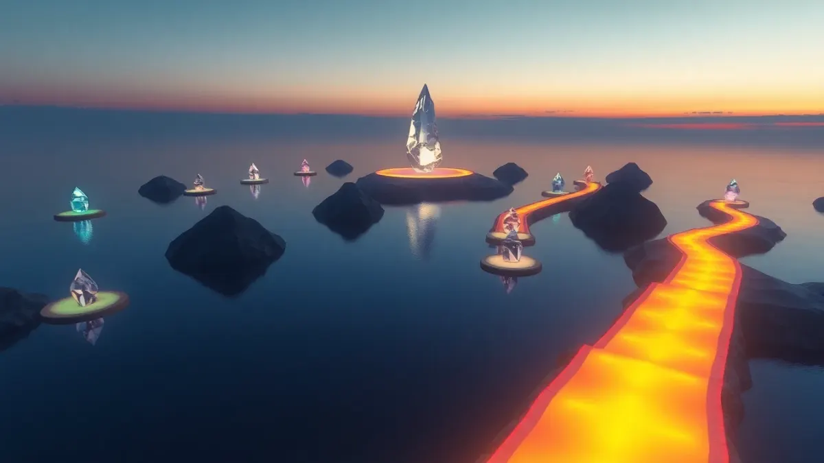 Winding glowing path across eight floating islands toward a distant crystal