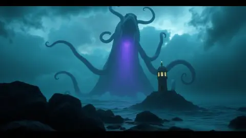 Giant sea monster rising behind a small glowing defense tower
