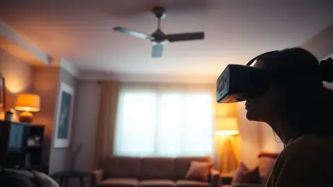 Evenly lit living room with a person holding a VR headset