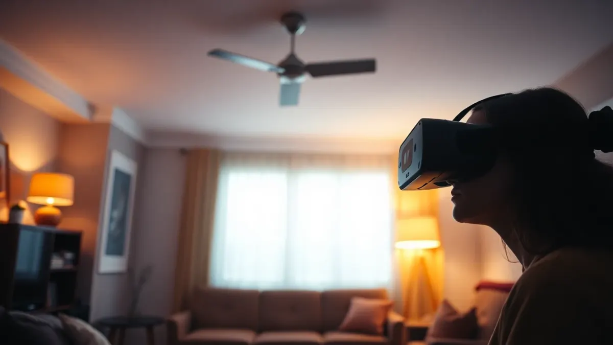 Evenly lit living room with a person holding a VR headset