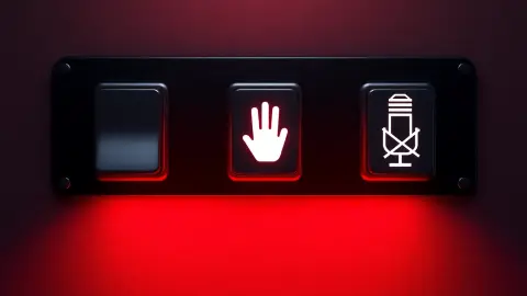 Dark panel with three glowing switches including a crossed-out microphone