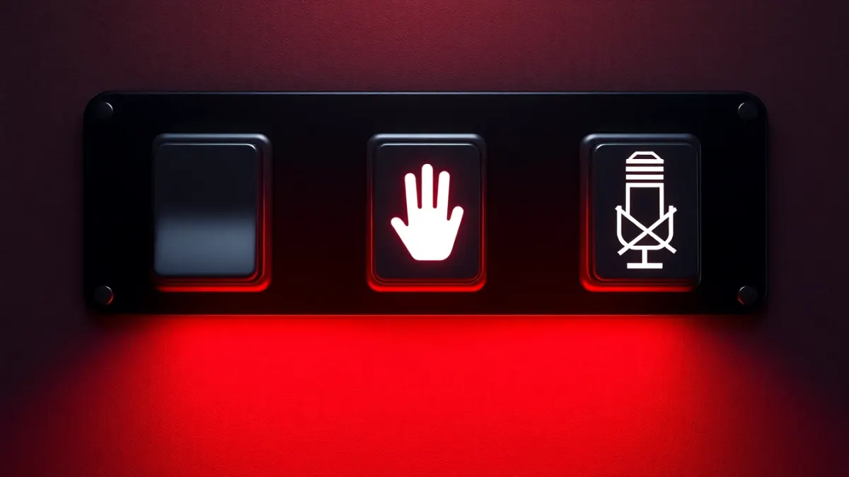 Dark panel with three glowing switches including a crossed-out microphone