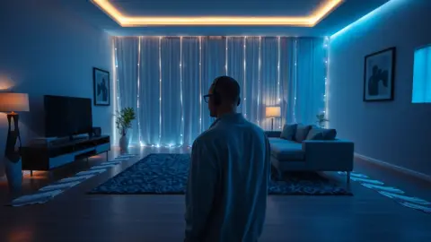 Living room with a glowing outline of walls and floor during room scanning