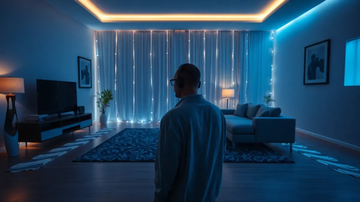 Living room with a glowing outline of walls and floor during room scanning