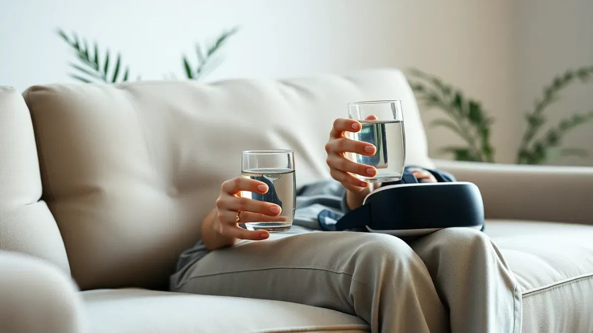 Person on a sofa holding a glass of water with a VR headset beside them