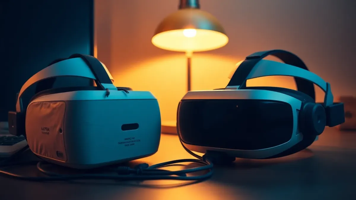 Two VR headsets on a desk connected by a cable