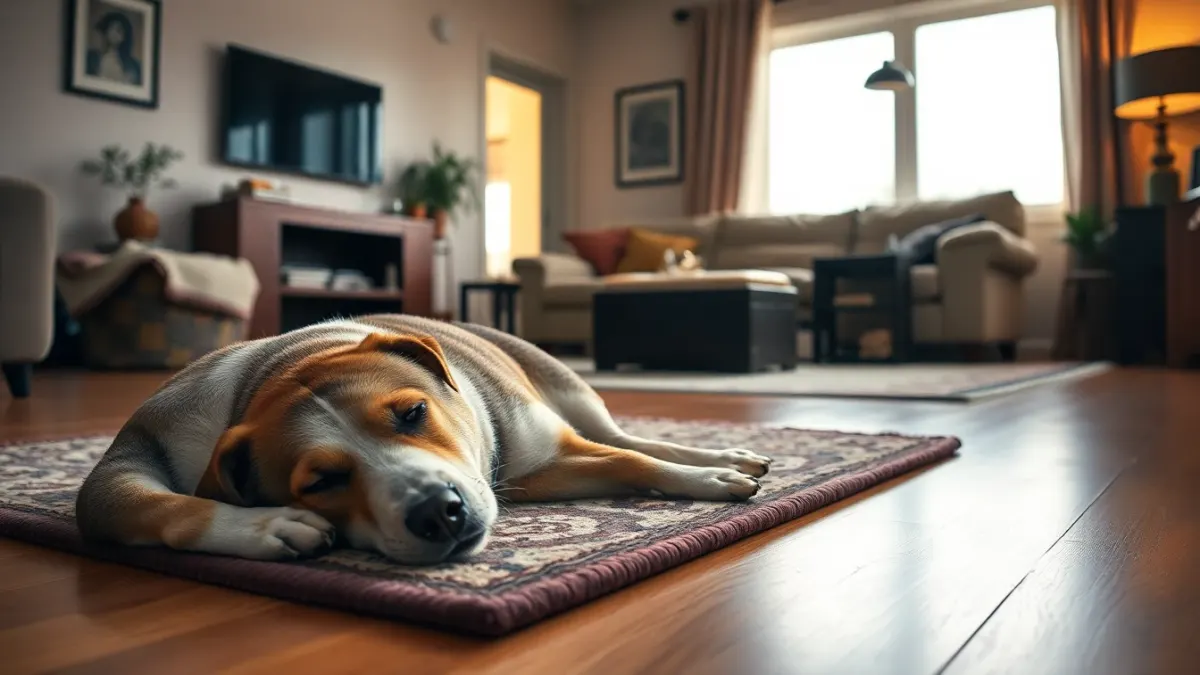Sleeping dog on a rug at the edge of a cleared living room with a headset player behind