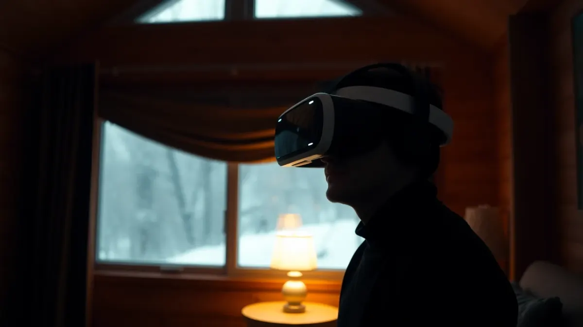Person with a VR headset in a cosy cabin room with rain on the window