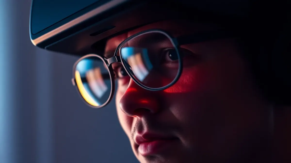 Person with round glasses putting on a VR headset