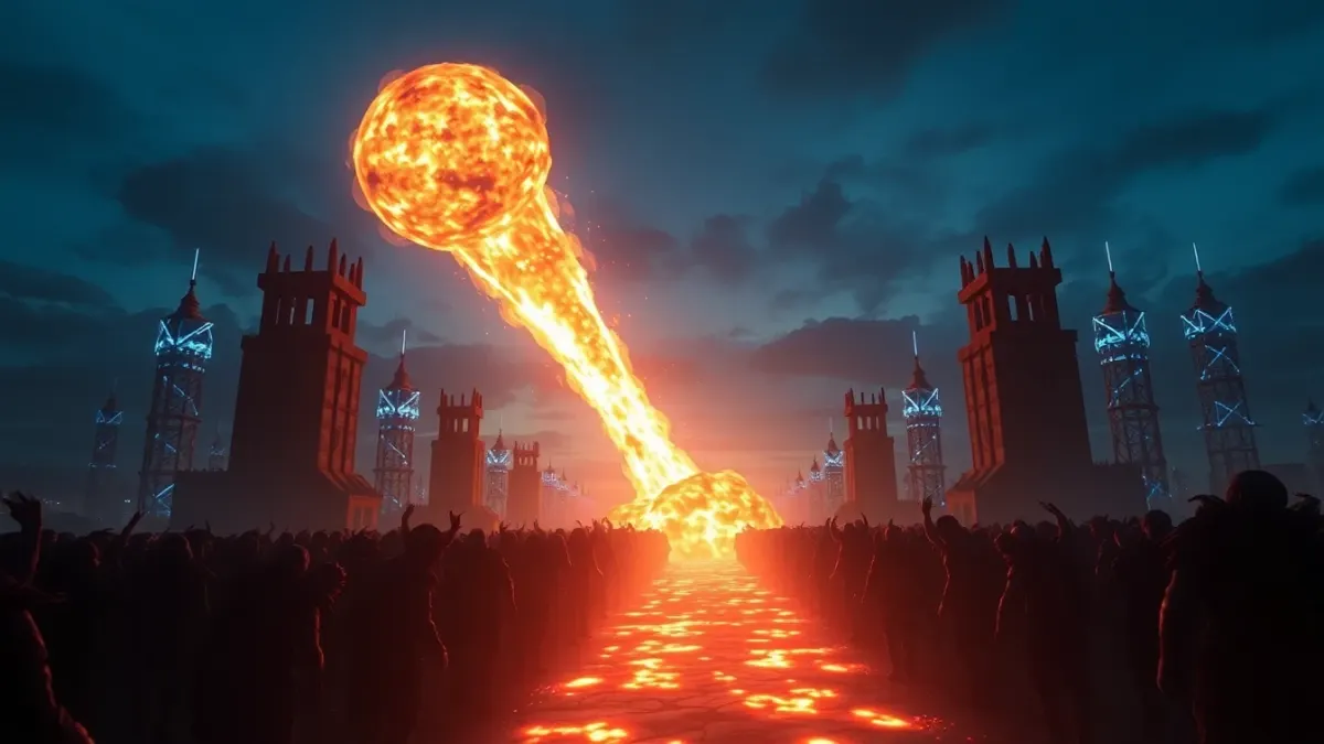 Fiery meteor striking a crowd of monsters on a glowing path