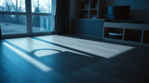 Padlock shaped shadow on a living room floor beside a VR headset