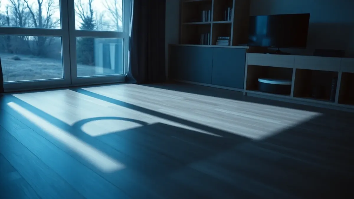 Padlock shaped shadow on a living room floor beside a VR headset