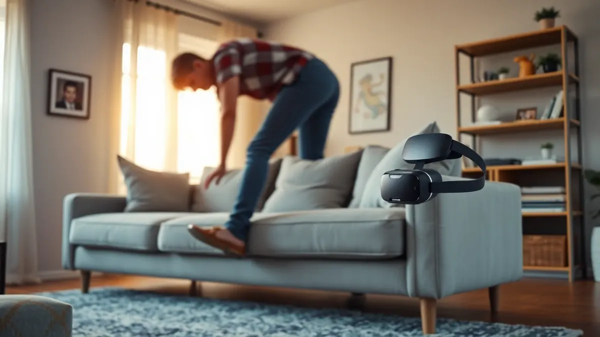 Person moving a sofa in a living room with a VR headset on a shelf