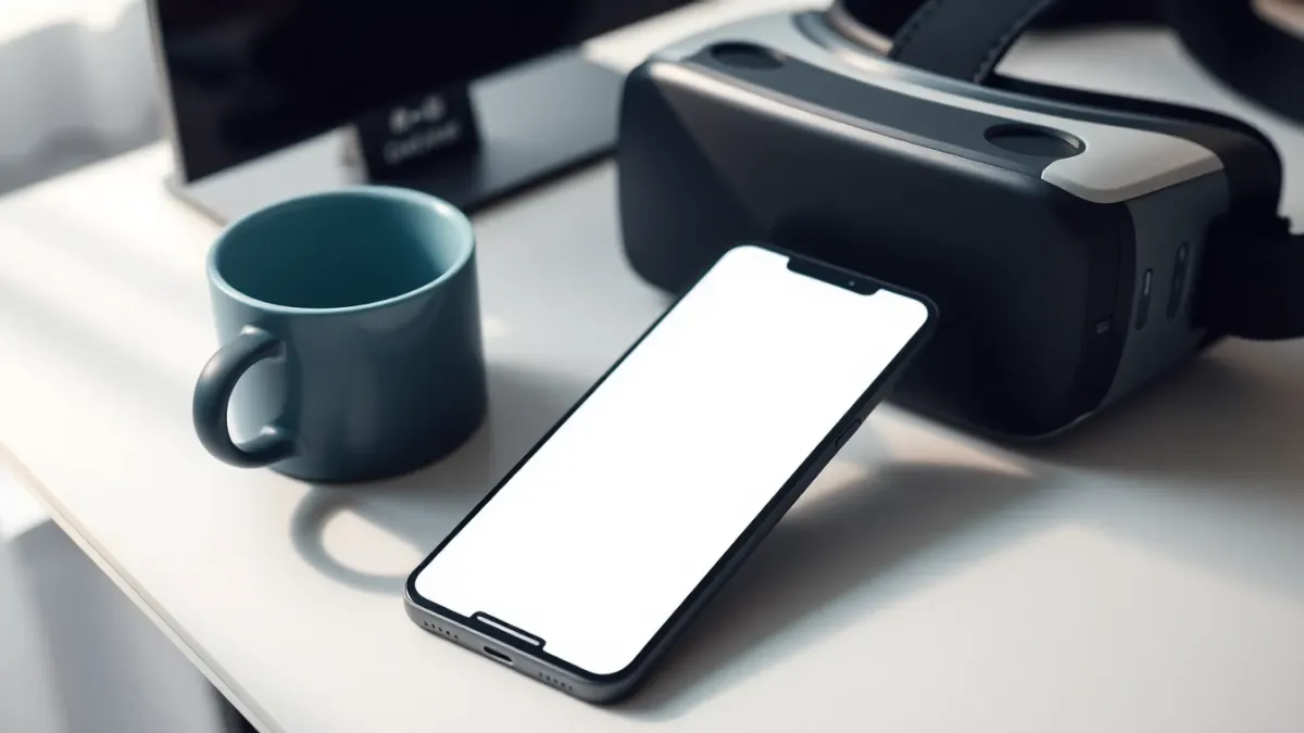 Smartphone and VR headset on a desk with a coffee cup