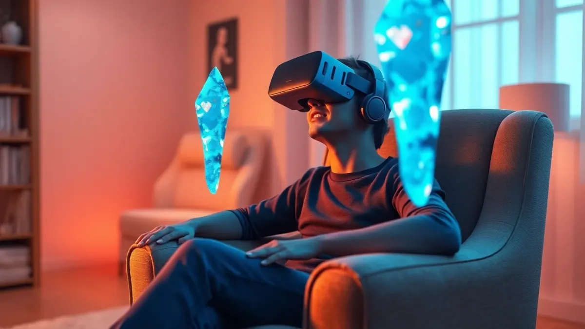 Person seated in an armchair wearing a VR headset with floating towers in front of them