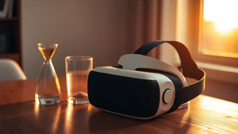 VR headset beside a glass of water and a sand timer on a wooden table