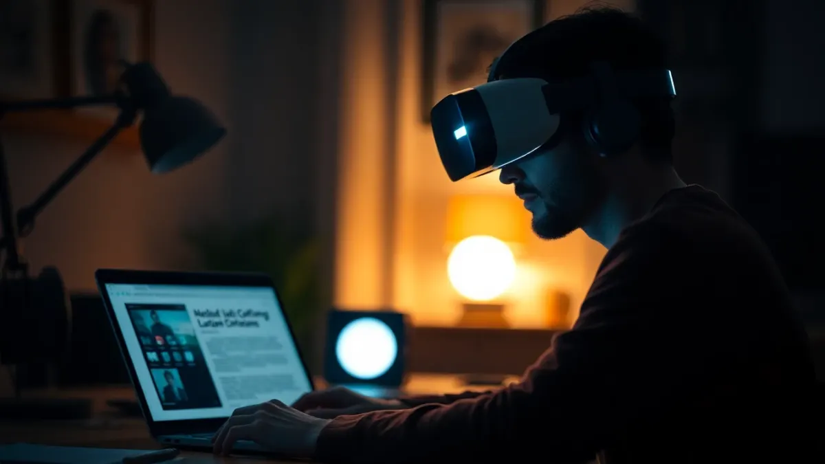 Person with a VR headset on their forehead reading a document at a desk