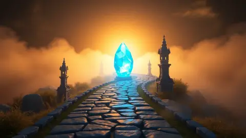 A glowing crystal guarded by small fantasy towers along a winding path