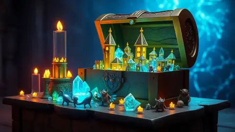 Open chest filled with tiny glowing towers and crystals on a stone table