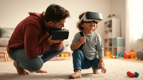 Parent adjusting a VR headset strap for a child in a bright living room