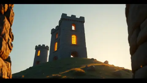 Three fantasy towers of increasing size and glow standing side by side on a hill