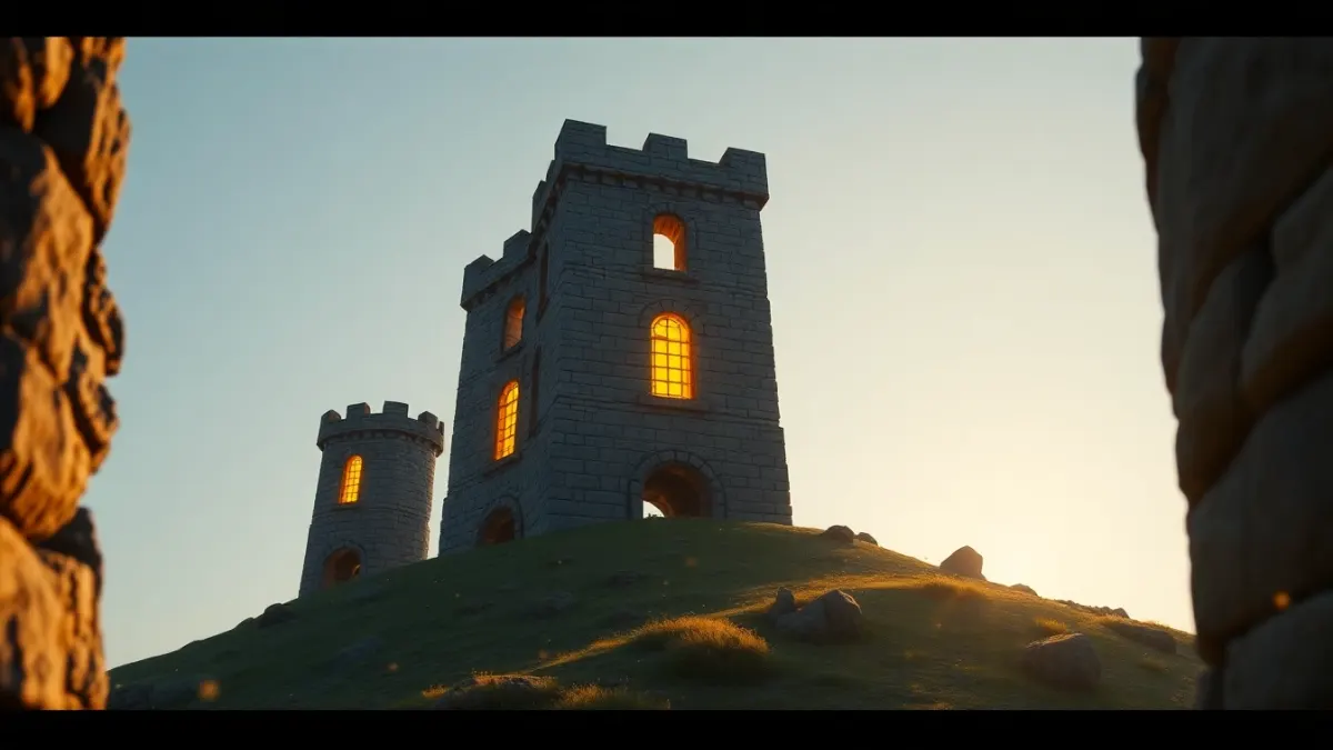 Three fantasy towers of increasing size and glow standing side by side on a hill