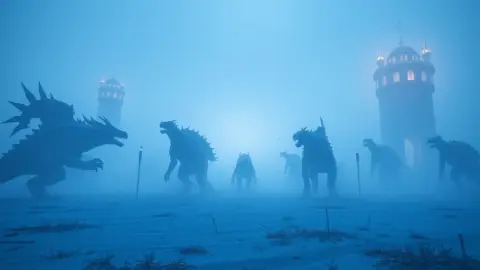 Monsters frozen mid-stride in pale blue light on a fantasy battlefield