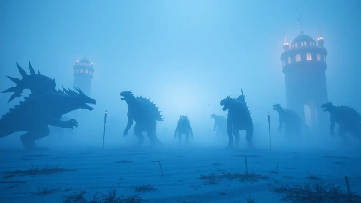 Monsters frozen mid-stride in pale blue light on a fantasy battlefield