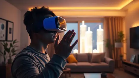 Person in a VR headset thoughtfully reaching toward glowing holographic towers
