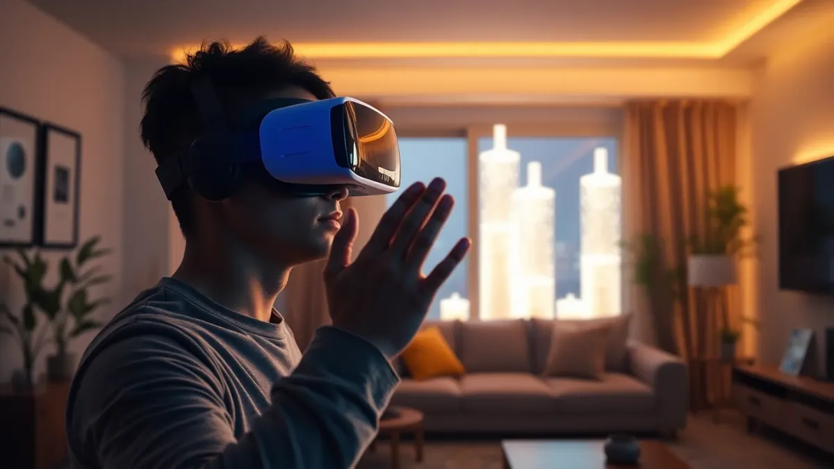 Person in a VR headset thoughtfully reaching toward glowing holographic towers