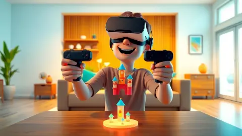 Beginner with a VR headset looking at small glowing towers floating above a coffee table