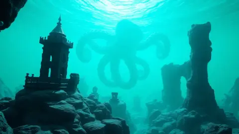 An underwater ruin lit in teal with a giant tentacle looming behind small towers on coral rock