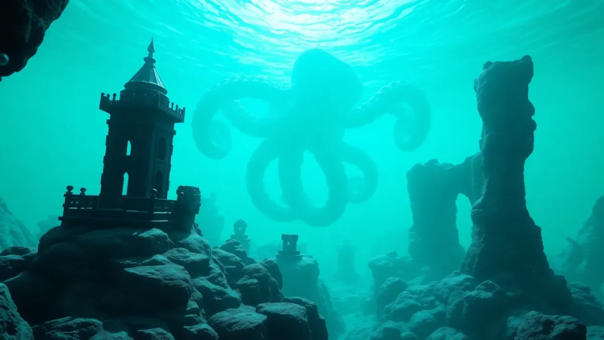An underwater ruin lit in teal with a giant tentacle looming behind small towers on coral rock