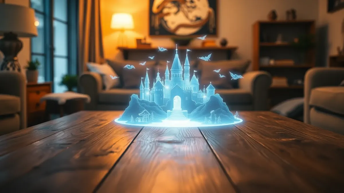 Glowing miniature fantasy battlefield hovering above a wooden coffee table