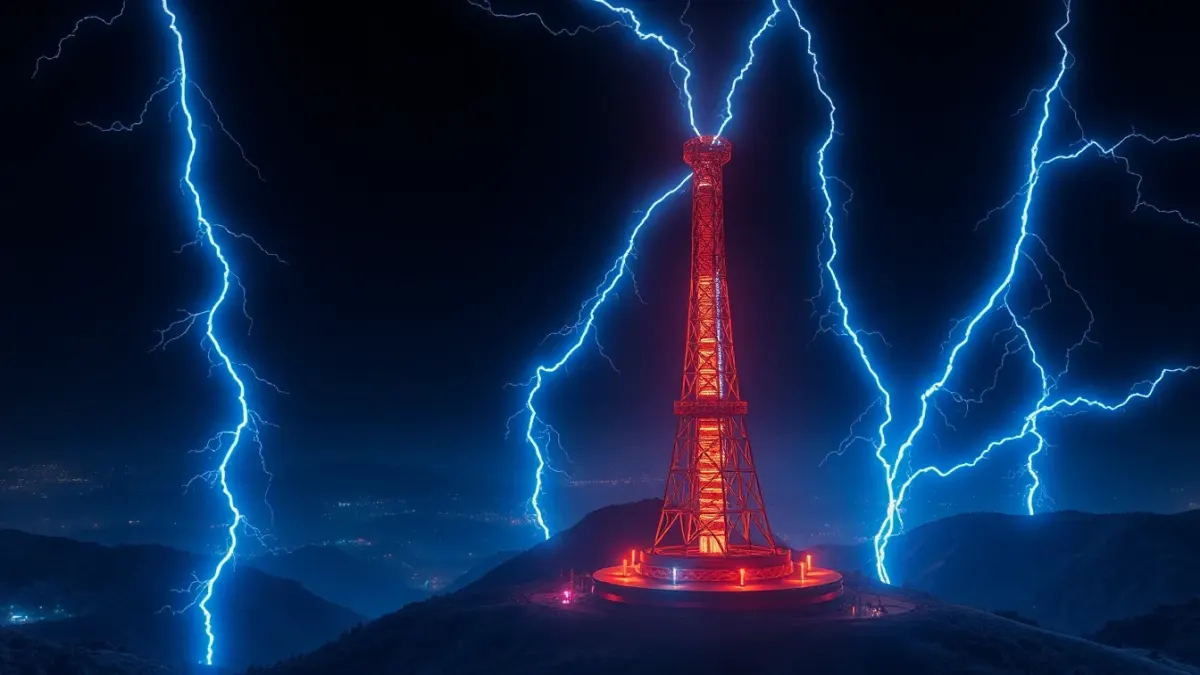 A tesla coil tower crackling with blue lightning in a dark valley