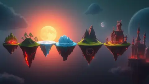 Eight floating islands in a row, each a different fantasy realm