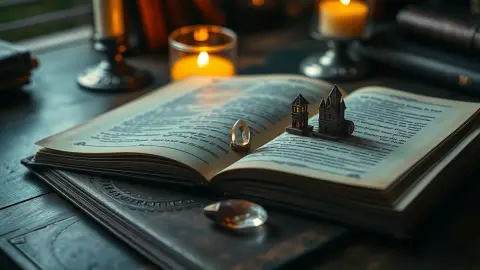 Open fantasy book with tiny glowing towers standing on its pages