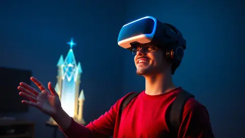 Experienced player wearing a Quest headset reaching toward glowing virtual towers