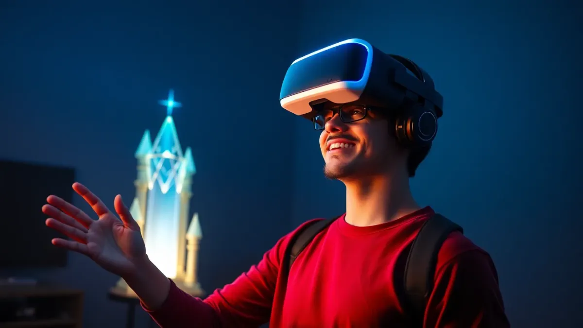 Experienced player wearing a Quest headset reaching toward glowing virtual towers