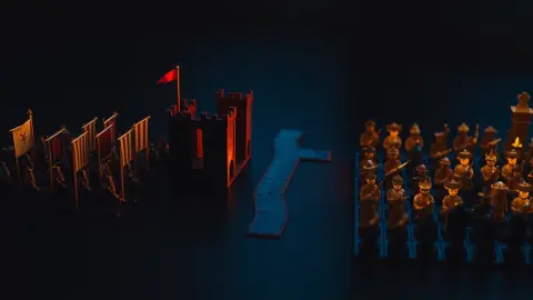 Three miniature strategy scenes: an army, a tower defense lane and a grid of figures