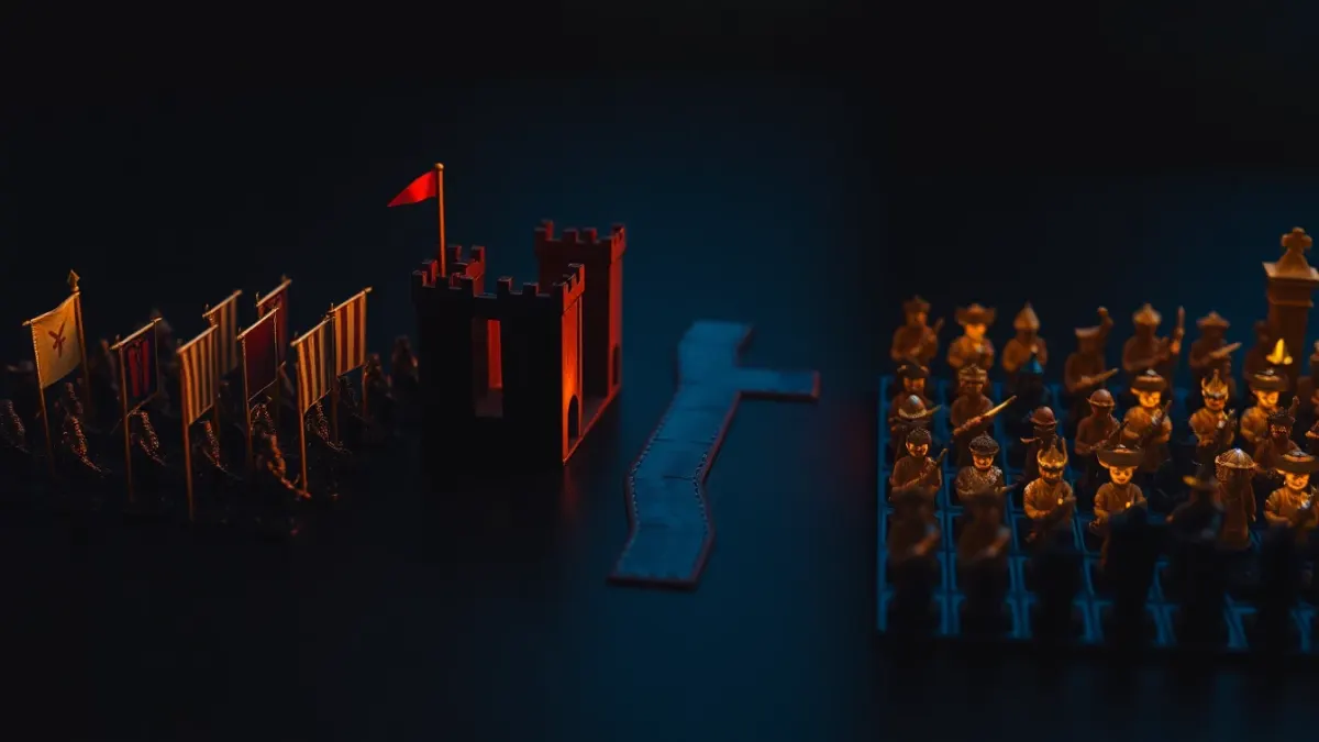 Three miniature strategy scenes: an army, a tower defense lane and a grid of figures