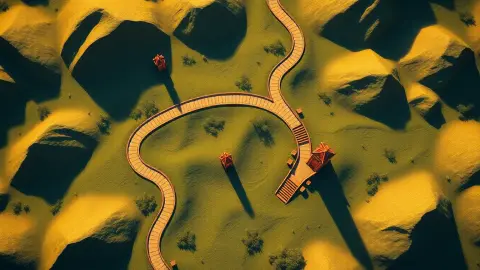 Top-down view of a winding fantasy path with towers placed at corners and straight sections