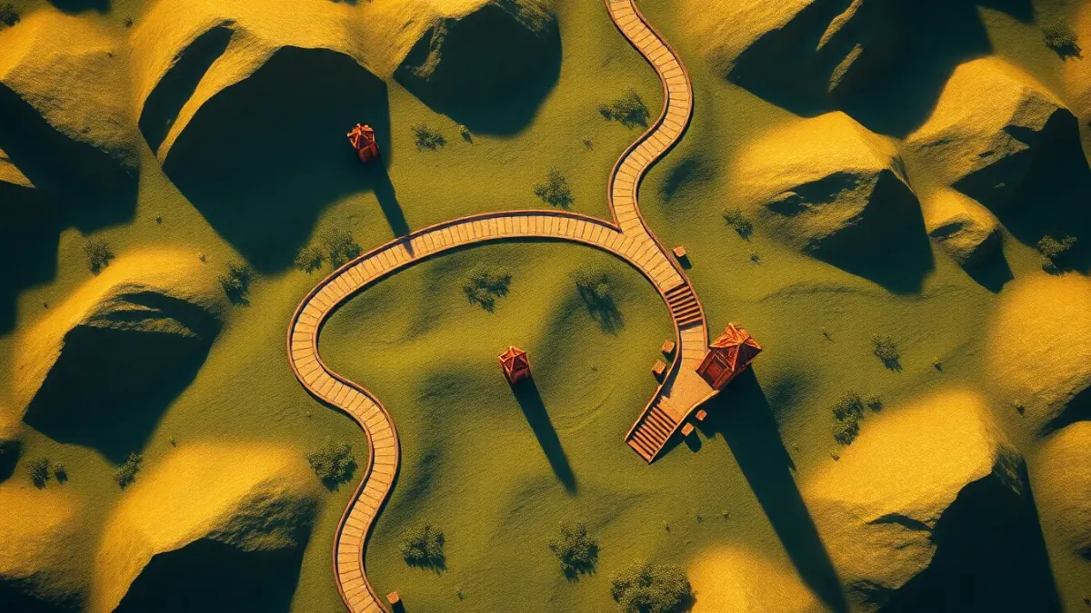 Top-down view of a winding fantasy path with towers placed at corners and straight sections