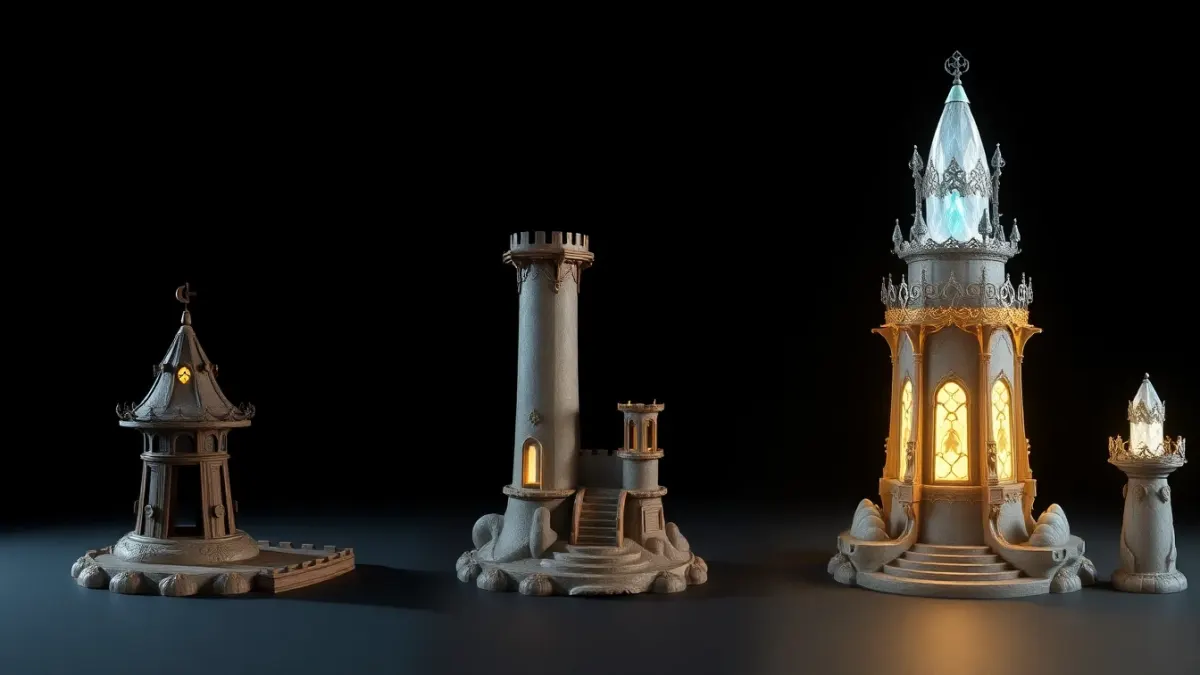 A fantasy tower shown in three stages of upgrade from simple to ornate and glowing