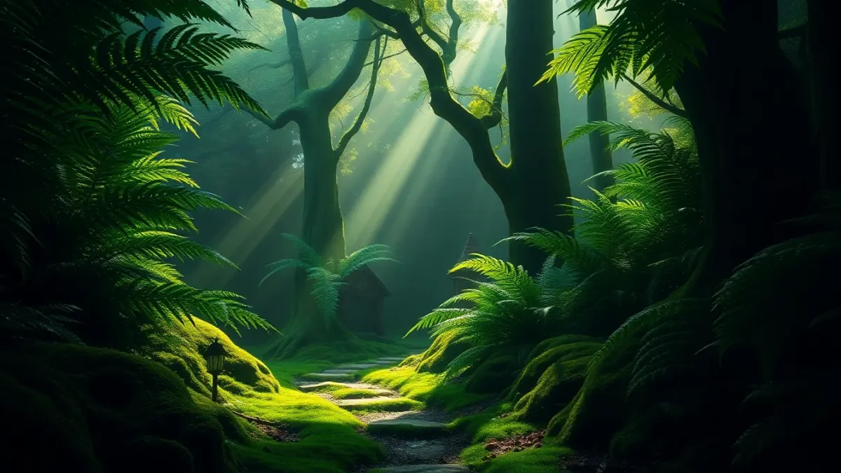 A lush forest path with small fantasy towers among giant ferns