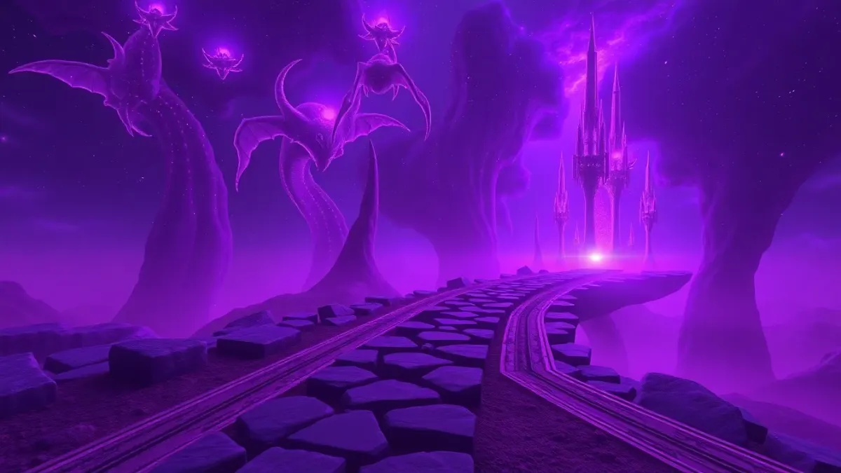 A purple nebula battlefield with half-transparent creatures flickering near glowing towers