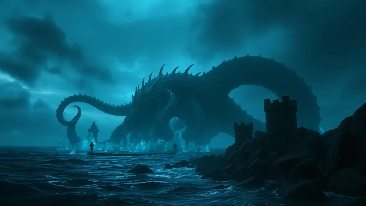 Giant tentacled sea monster rising from glowing water toward small towers on a shore